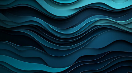 Fototapeta premium A deep, layered paper cut wave background in dark navy blue and teal, with smooth flowing shapes that create a sense of depth and motion.