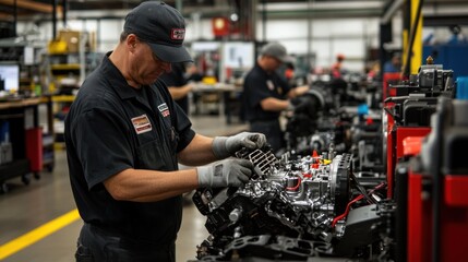 In the engine assembly section, technicians are carefully fitting pistons, crankshafts, and camshafts into engine blocks