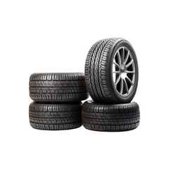 Four tires stacked with one showing a gray rim are suitable for automotive blogs, tire shop promotions, car maintenance advertisements, and transportation themed designs. Generative AI
