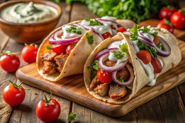 Savory street food favorite featuring tender meat wrapped in warm pita with cool and refreshing tzatziki, ripe tomatoes, and crispy onions