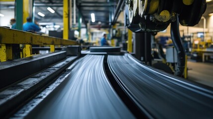 Fototapeta premium In the extrusion section of the plant, heated rubber is being extruded into strips for tire treads