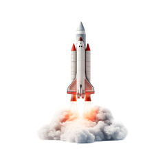 Rockets take off on a white backdrop, spewing white smoke and orange flames. Fit for concepts with...