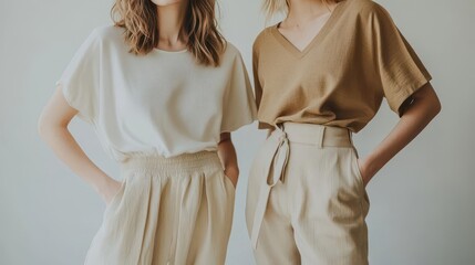 Fashion shoot featuring minimalist sustainable outfits, natural light, clean lines, and neutral tones, Minimalist fashion, Eco-friendly photography