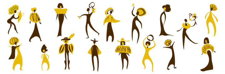 A set of primitive images of people from different historical eras, similar to cave paintings in brown and yellow colours 