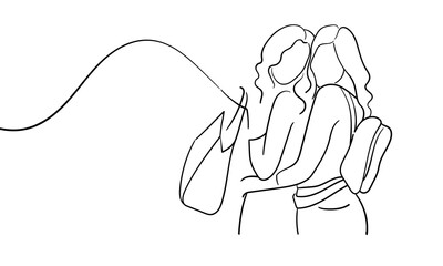 Girls shopping continuous line art drawing isolated on white background. Purchases and shopagolic. Vector illustration