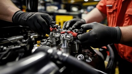 Fototapeta premium In the fuel system assembly area, technicians are installing fuel injectors and throttle bodies