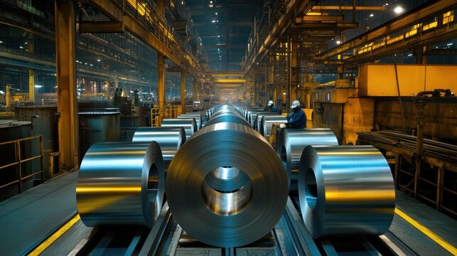 In the galvanizing line, steel sheets are being coated with a layer of zinc to prevent rusting. The scene features a large zinc bath where steel strips are submerged, emerging with a shiny