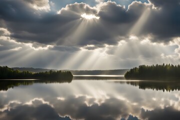 Sunbeams breaking through fluffy clouds over a calm lake reflecting the light on the waters surface, AI Generated