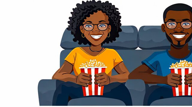 Cartoon illustration of a smiling couple, a woman and a man, sitting on a couch with popcorn