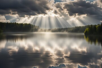 Sunbeams breaking through fluffy clouds over a calm lake reflecting the light on the waters surface, AI Generated