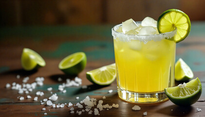 Fototapeta premium Classic margarita cocktail with lime and salt on rustic table
