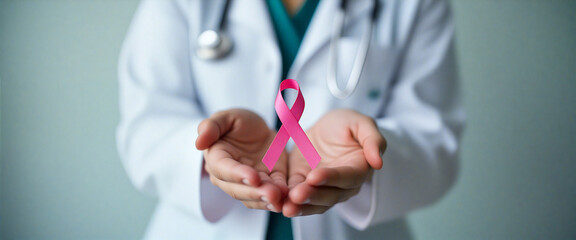 Doctor holding pink ribbon for breast cancer awareness month