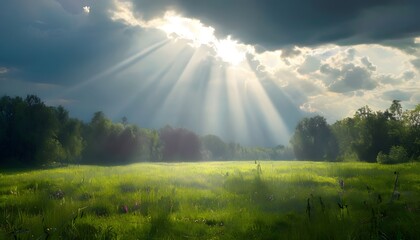 Sunlight breaking through a cloudy sky illuminating a tranquil meadow, AI Generated