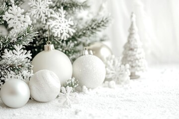 White Christmas Ornaments and Snowflakes on a Snowy Background