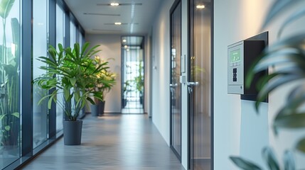 An attendance machine hanging on the white wall, close-up, there is a glass door next to the wall, plants, office. Generative AI.