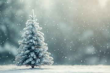 A Single Pine Tree Covered in Snow with a Softly Falling Snowfall