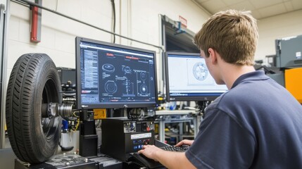 Fototapeta premium In the research and development section of the plant, engineers are using computer simulations and testing equipment to design new tire models