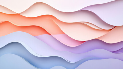 Obraz premium A soft, pastel paper cut background with wavy layers in shades of peach, lavender, and soft blue, creating a calming, serene design.