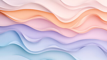 A soft, pastel paper cut background with wavy layers in shades of peach, lavender, and soft blue, creating a calming, serene design.