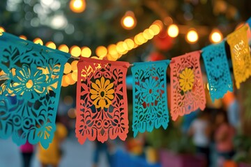 Colorful papel picado banners hung for celebration