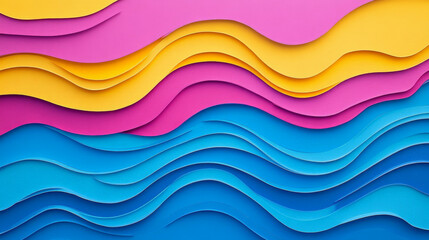 Obraz premium A vibrant paper cut wave design with wavy layers in neon yellow, magenta, and electric blue, creating a bold, energetic background.