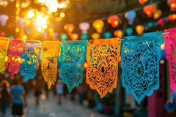 Colorful papel picado banners at a festive street.