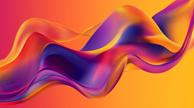 A vibrant wave composition with dynamic shapes in coral, yellow, and bright purple, forming abstract, flowing curves in a modern design.