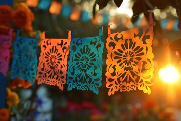 Colorful papel picado banners against sunset glow