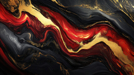 Obraz premium Bold, abstract waves of deep black, rich red, and metallic gold, forming dynamic, flowing shapes with dramatic energy.