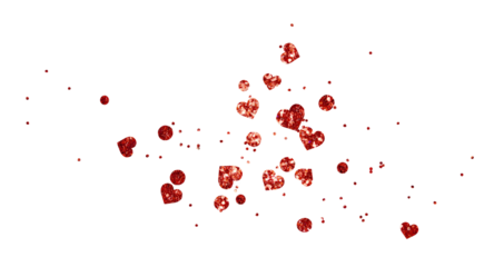 Scattered red glitter confetti and hearts isolated on white or transparent background for Valentine Day