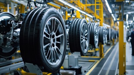 The assembly line showcases the final stage where alloy wheels are fitted with tires. Robotic arms stretch and fit the tires onto the rims