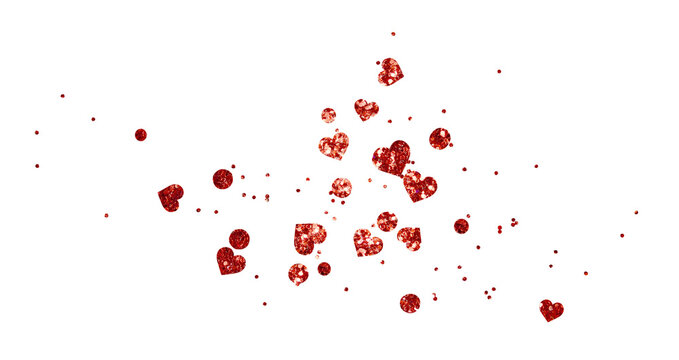 Scattered red glitter confetti and hearts isolated on white or transparent background for Valentine Day