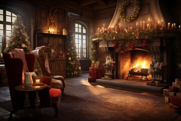 A cozy holiday living room with decorated Christmas trees and a roaring fireplace at night