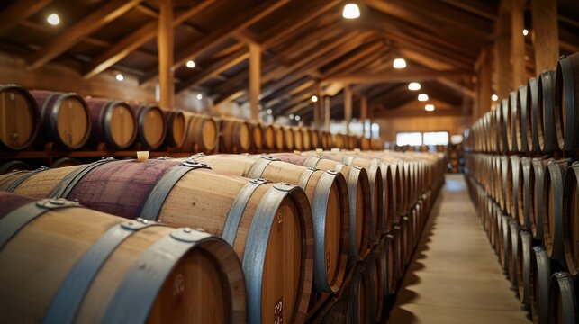 The barrel room is an impressive sight, with rows of different-sized barrels aging various wines. The scene captures the subtle differences between French oak