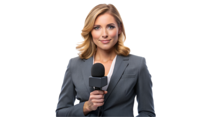 Broadcast journalist reporting news isolated on transparent background