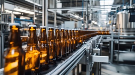 The bottling line is in full swing, with glass bottles moving swiftly along conveyors