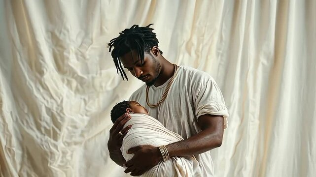 tender moment captured as a black man father gently holds his baby, representing the intersection of gender identity, parenthood, and the LGBTQ+ experience in a non-binary African