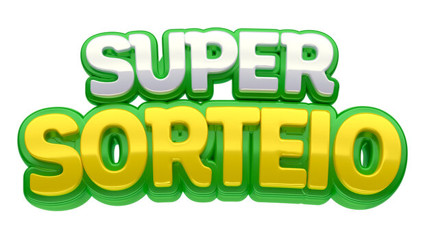 Label lettering Super Sorteio in 3d render isolated on transparent background. The name "Super Sorteio" means "Super Draw" in Brazilian Portuguese. 3d Illustration