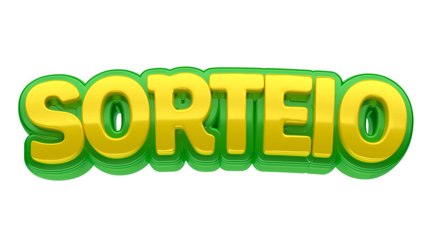 Label lettering Raffle with green clover in 3d render isolated on transparent background. The name "Sorteio" means "Raffle" in Brazilian Portuguese. 3d Illustration