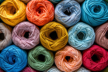 Autumn colored wool balls of knitted yarn, concept of handmade work, needlework and the sale of thread