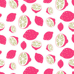 pattern with a flat pink lemon, whole and cut in half. Vitamin C in citrus fruits. seamless texture of unusual bright lemons. healthy pink fruit. Packaging with repeating elements. fall chaotically