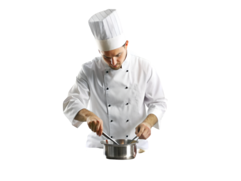 Chef cooking in a professional kitchen isolated on transparent background