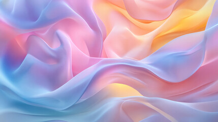 Fototapeta premium Layers of abstract waves in pastel pink, light blue, and soft yellow, forming smooth, dynamic curves in a calming, flowing design.