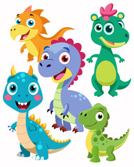 Set of Isolated Various Dinosaurs Cartoon Characters