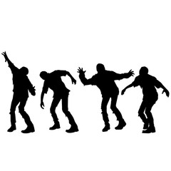 A zombie hand rising from the cemetery in a spooky night. Halloween party card - pumpkins and skeletons in the cemetery at night