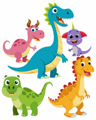 Naklejka premium Set of Isolated Various Dinosaurs Cartoon Characters