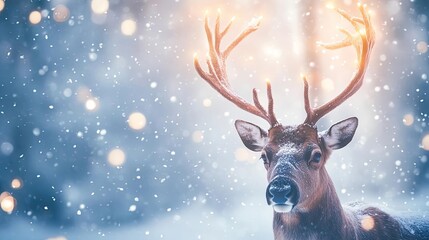 A majestic deer stands gracefully amidst falling snowflakes, embodying the tranquility of winter in a serene forest setting.