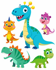 Set of Isolated Various Dinosaurs Cartoon Characters