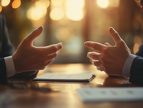 Business negotiation between two parties, formal setting, close-up, soft lighting, high detail