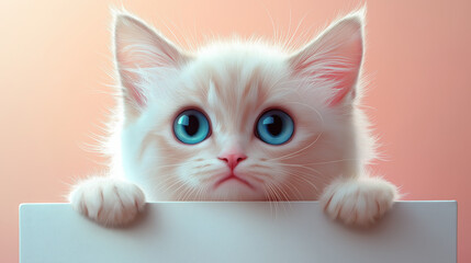 Adorable White Kitten with Big Blue Eyes Against Pink Background
